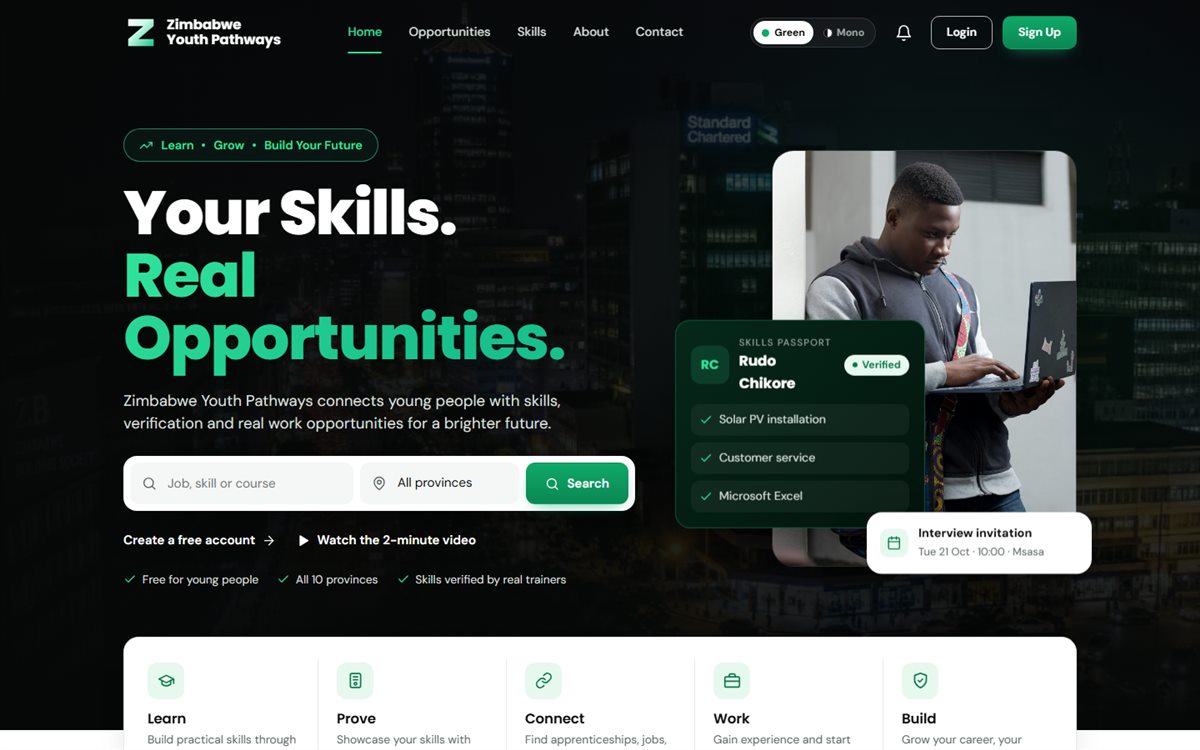 Zimbabwe Youth Pathways home page with a skills search